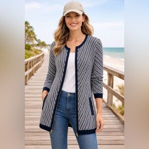 Jones New York Zip Front Sweater Cardigan Navy White Textured Knit XL